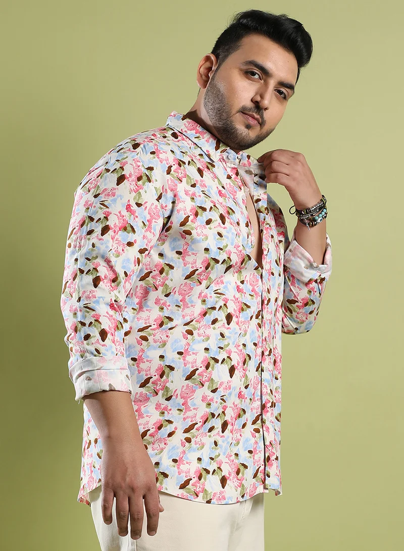 Instafab Plus Instafab Plus Men's Blue & Pink Leaf Strokes Shirt For Casual Wear | Spread Collar | Long Sleeve | Button Closure | Cotton Double Cloth Shirt Crafted With Comfort Fit For Everyday Wear