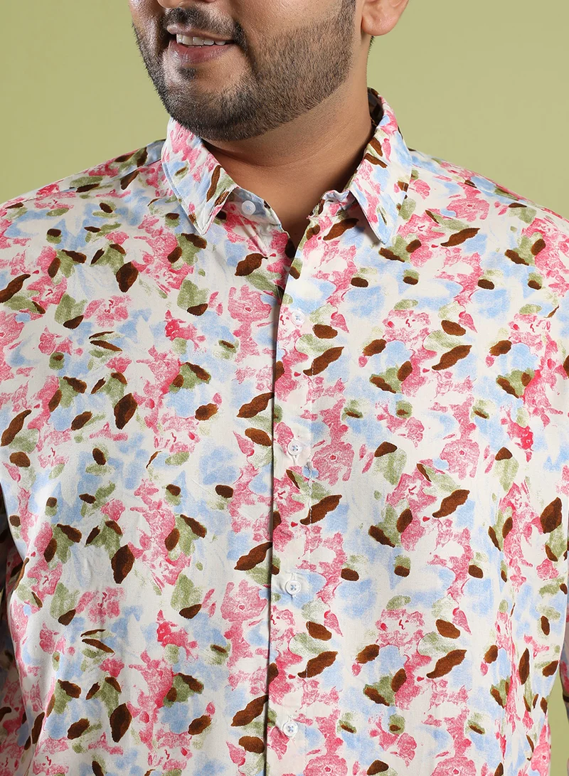 Instafab Plus Instafab Plus Men's Blue & Pink Leaf Strokes Shirt For Casual Wear | Spread Collar | Long Sleeve | Button Closure | Cotton Double Cloth Shirt Crafted With Comfort Fit For Everyday Wear