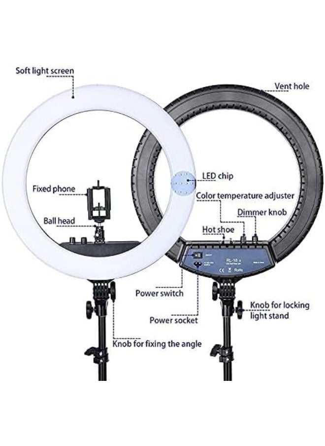 SUKILO 18 Inch Soft Ring LED Light with Remote Control, 3 Phone Holders, Adjustable Color Temperature 2700K-6500K, Built-in USB Charging Ports, Stepless Brightness for Live Broadcast, YouTube, Vlog, Makeup  - Image 2