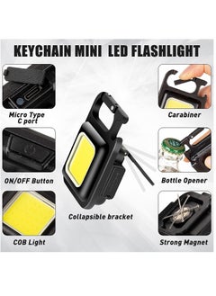 COB 2 Pack COB Pocket Mini LED Flashlight - 4 Light Modes Rechargeable Mini Keychain Flashlight with Magnet Base and Folding Bracket Bottle Opener for Camping Fishing Walking  - Image 2