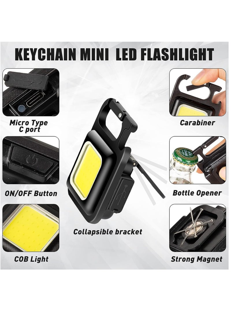 COB - 2 Pack COB Pocket Mini LED Flashlight - 4 Light Modes Rechargeable Mini Keychain Flashlight with Magnet Base and Folding Bracket Bottle Opener for Camping Fishing Walking - Image 1