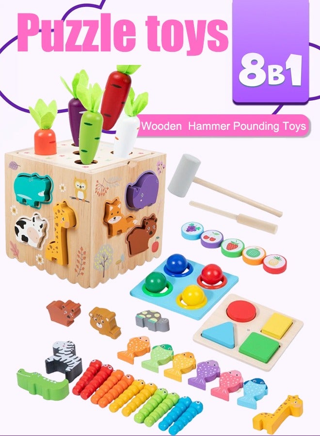 Hammer Pounding Toys Wooden Hammering Game Box  Pounding Bench Toy  MultiFunctional Toy Set Geometric Puzzle Toy Set Toddler Toys 8 in 1 Toys  with Whack A Mole Fishing Game  Preschool Learning Toys  Birthday Gift Boy Girl Baby Toys - Image 1