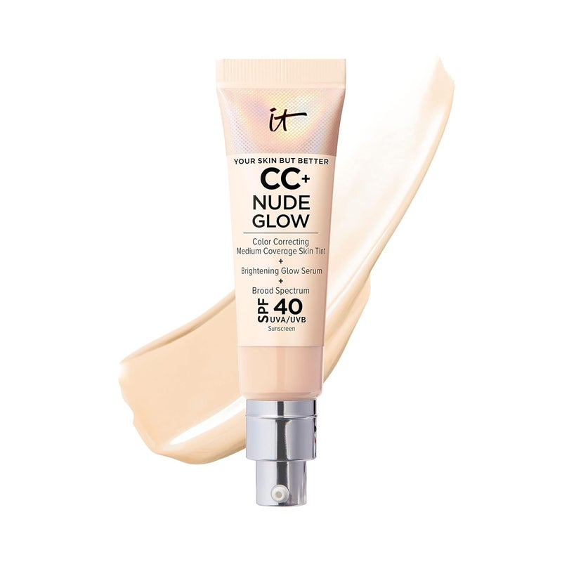 أساس خفيف الوزن من IT Cosmetics CC Nude Glow مع سيروم توهج مع SPF 40 مع النياسيناميد وحمض الهيالورونيك ومستخلص الشاي الأخضر 108 أونصة سائلة