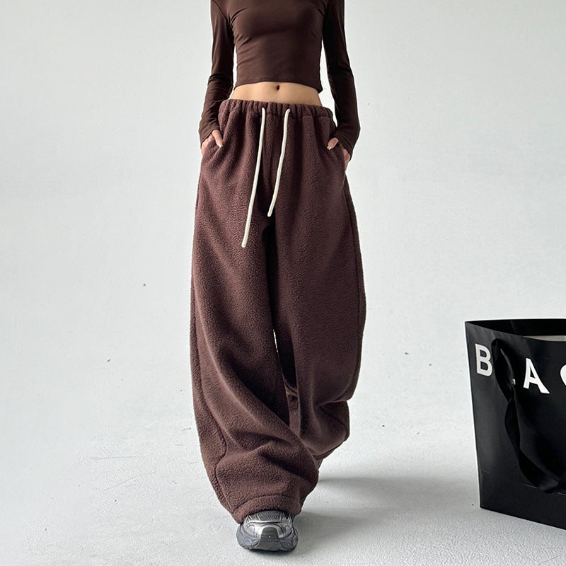 Thick Pants Womens Winter Outer Wear Furry Thick Warm Loose Wide Leg Casual All-match Long Pants Brown version 