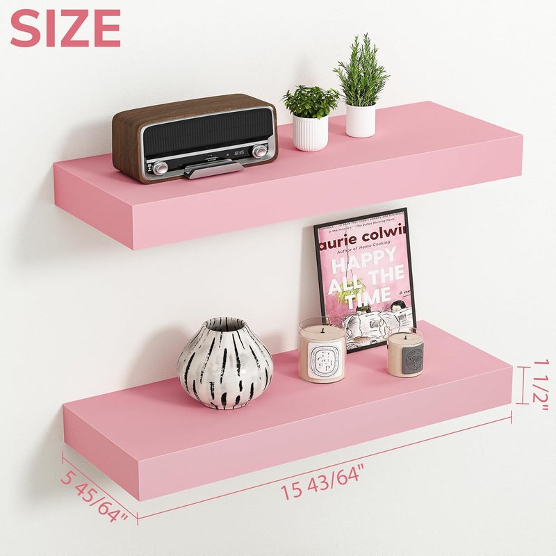 BAMEOS Pink Floating Shelves for Wall, 16" x 6" Wall Shelves for Room, Floating Book Shelves, Hanging Shelves for Bedroom, Bedroom, Living Room, Kitchen (Set of 2) - Image 3