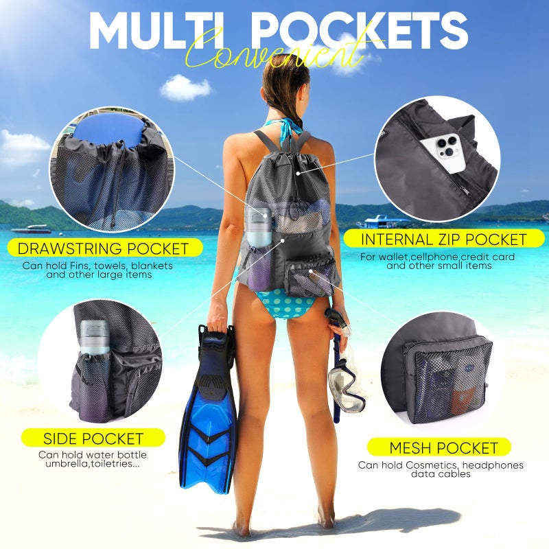 HOHOM Mesh Swim Bag Beach Drawstring Backpack, Waterproof Gym Bags for Women and Men, Large Pool Bag Swimming Gear for Swimmers - Image 3