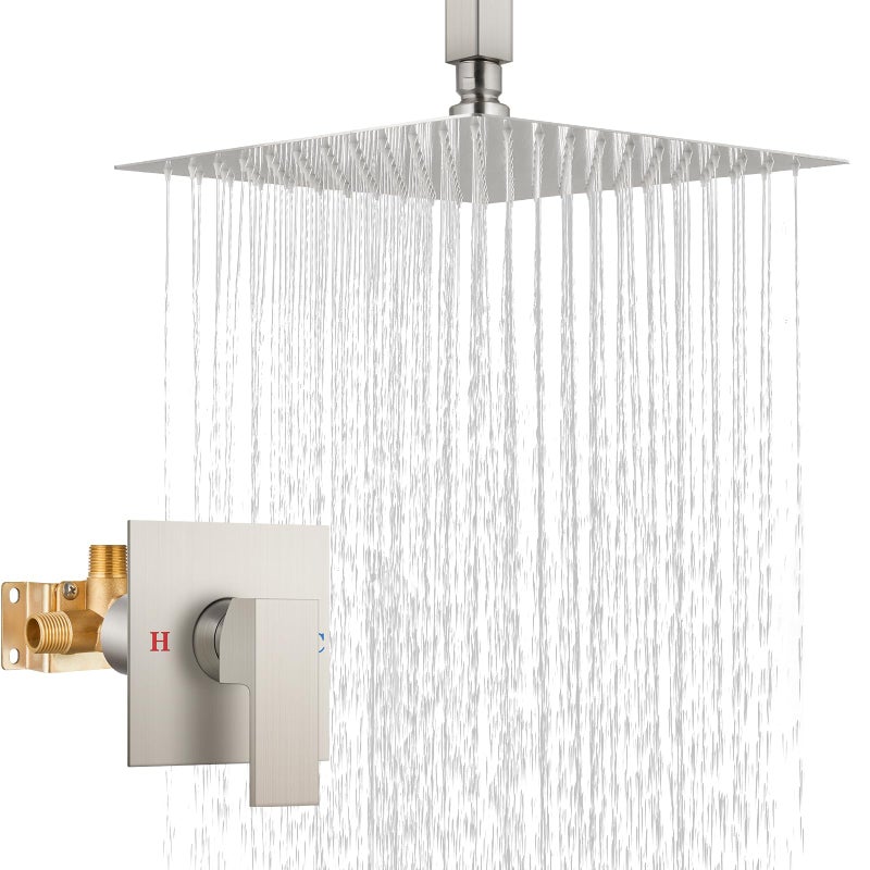 Airuida Shower Faucet Set and Handle Set Single Function Shower Trim Kit Ceiling Mount Rainfall Shower System with Male Threads and Roughin Valve 10 Inch Square Shower Head Brushed Nickel