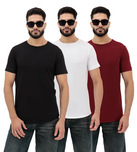 Plain Cotton T-Shirts for Men – Crew Neck Regular Fit 3-Pack (Black, White & Rosewood)