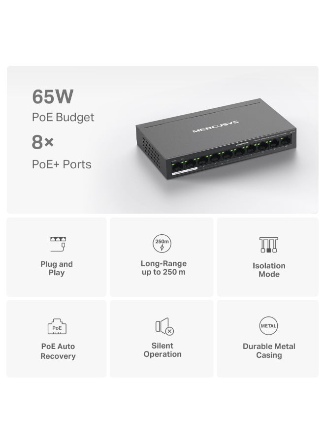 MERCUSYS 10-Port 10/100Mbps Desktop Switch with 8-Port PoE+
PORT: 8× 10/100 Mbps PoE+ Ports, 2× 10/100 Mbps Non-PoE Ports
SPEC: Compatible with 802.3af/at PDs, 65 W PoE Power, Desktop Steel Case, Wall Mounting
FEATURE: Extend Mode for 250m PoE Transmitting, Priority Port1-2, Isolation Mode, PoE Auto Recovery, Plug and Play Black - Image 4