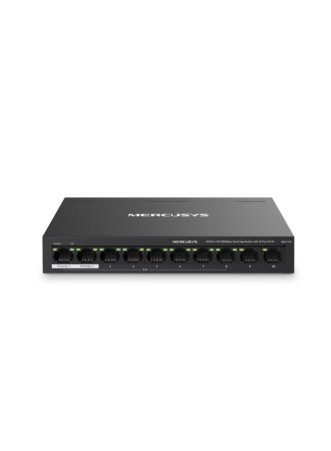 MERCUSYS 10-Port 10/100Mbps Desktop Switch with 8-Port PoE+
PORT: 8× 10/100 Mbps PoE+ Ports, 2× 10/100 Mbps Non-PoE Ports
SPEC: Compatible with 802.3af/at PDs, 65 W PoE Power, Desktop Steel Case, Wall Mounting
FEATURE: Extend Mode for 250m PoE Transmitting, Priority Port1-2, Isolation Mode, PoE Auto Recovery, Plug and Play Black - Image 1