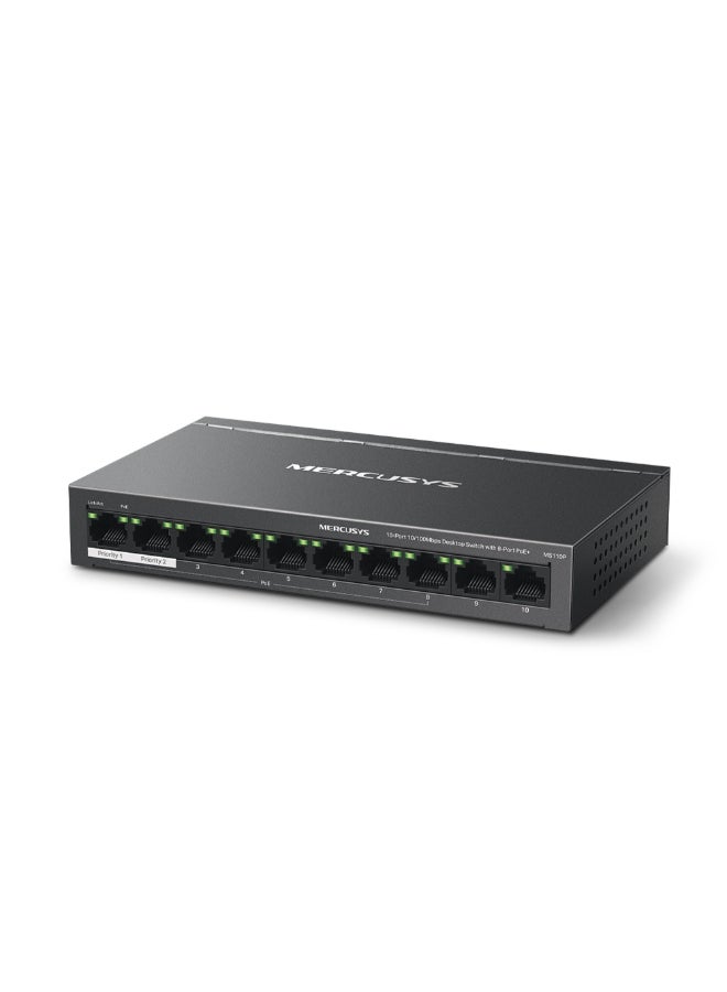 MERCUSYS 10-Port 10/100Mbps Desktop Switch with 8-Port PoE+
PORT: 8× 10/100 Mbps PoE+ Ports, 2× 10/100 Mbps Non-PoE Ports
SPEC: Compatible with 802.3af/at PDs, 65 W PoE Power, Desktop Steel Case, Wall Mounting
FEATURE: Extend Mode for 250m PoE Transmitting, Priority Port1-2, Isolation Mode, PoE Auto Recovery, Plug and Play Black - Image 2