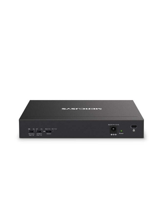 MERCUSYS 10-Port 10/100Mbps Desktop Switch with 8-Port PoE+
PORT: 8× 10/100 Mbps PoE+ Ports, 2× 10/100 Mbps Non-PoE Ports
SPEC: Compatible with 802.3af/at PDs, 65 W PoE Power, Desktop Steel Case, Wall Mounting
FEATURE: Extend Mode for 250m PoE Transmitting, Priority Port1-2, Isolation Mode, PoE Auto Recovery, Plug and Play Black - Image 3