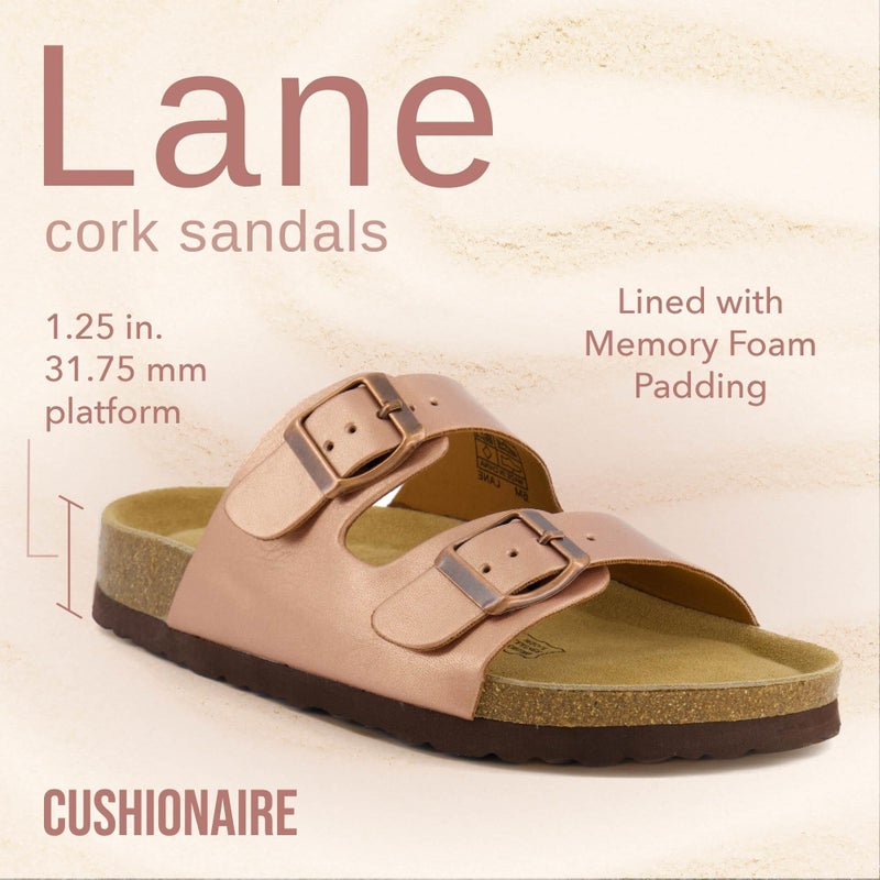 CUSHIONAIRE CUSHIONAIRE Lane Cork Footbed Sandals for Women – Comfortable Double Buckle Slip-On with Genuine Suede Footbed & Arch Support Slides for Women Footwear, GOLD 6 - Image 2