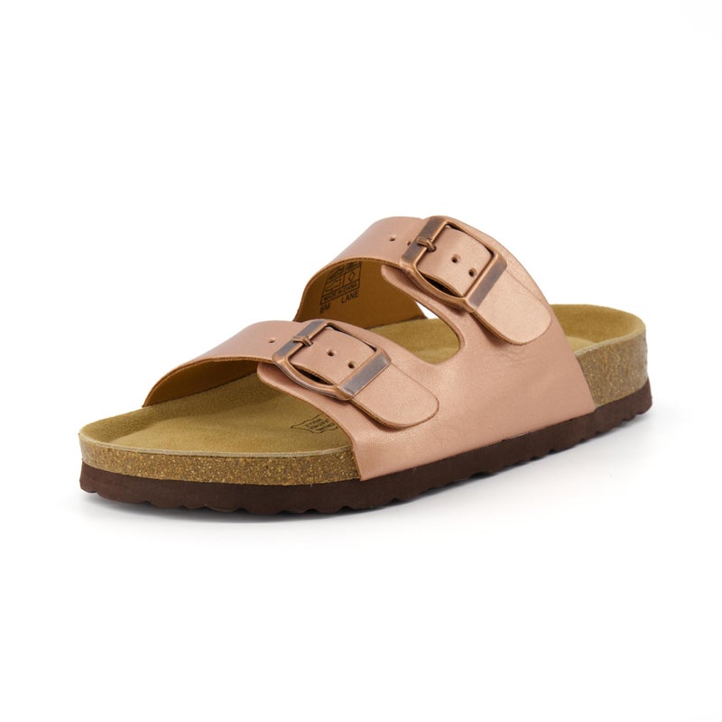 CUSHIONAIRE CUSHIONAIRE Lane Cork Footbed Sandals for Women – Comfortable Double Buckle Slip-On with Genuine Suede Footbed & Arch Support Slides for Women Footwear, GOLD 6 - Image 1
