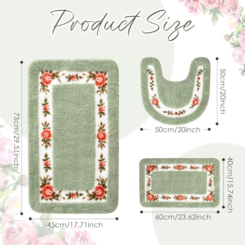 Drydiet 3 Pcs Rose Flowers Bathroom Rugs Set Coquette Room Decor Floral Carpet for Bathroom Bedroom Living Room Floral Bath Mat Non Skid Romantic Rose Flower Area Rugs 3 ShapesGreenSmall - Image 3