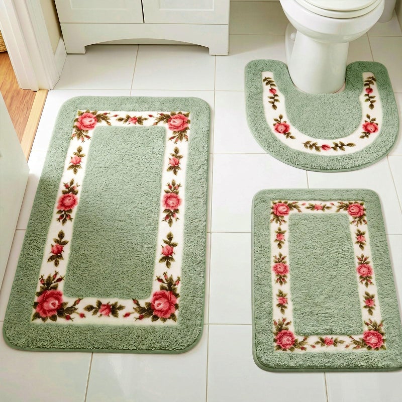Drydiet 3 Pcs Rose Flowers Bathroom Rugs Set Coquette Room Decor Floral Carpet for Bathroom Bedroom Living Room Floral Bath Mat Non Skid Romantic Rose Flower Area Rugs 3 ShapesGreenSmall - Image 2
