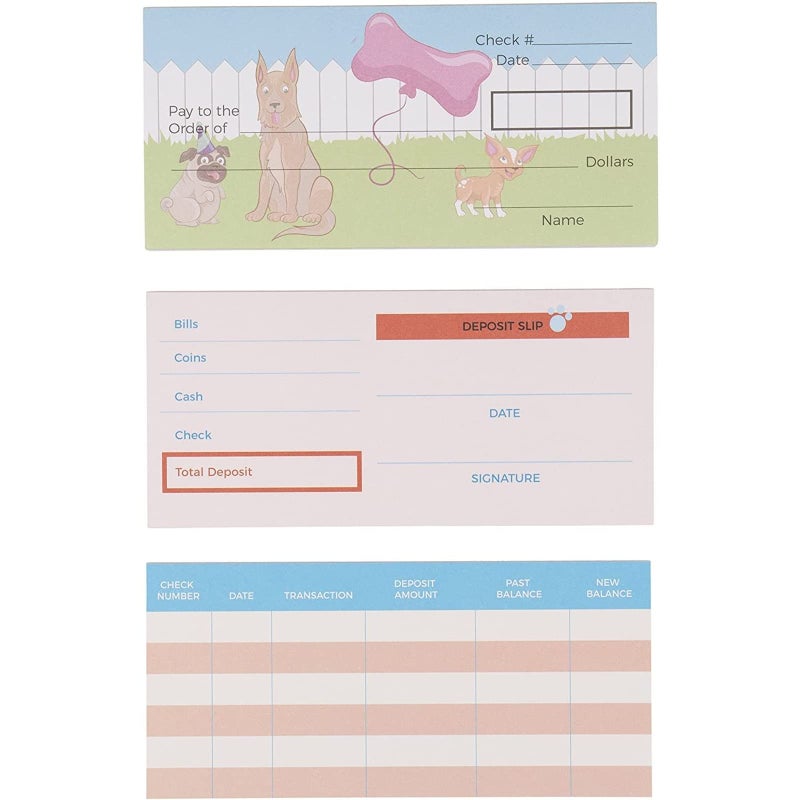 Infinite Curiosity Kids Learning Checkbook Set Multicolor Dog Theme 150 Sheets 6 x 27 in Homeschooling Essentials Teaching Supplies Pretend Checkbook Deposit Slips Coins for Kids - Image 2