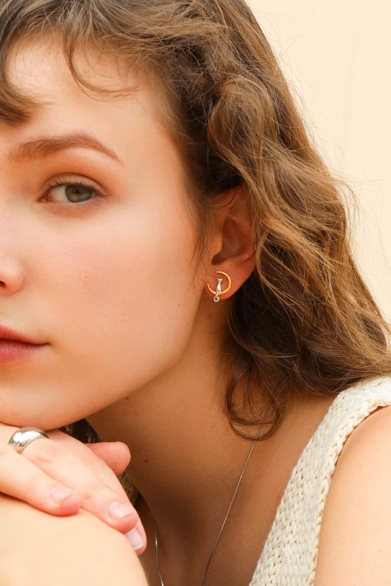 S.Leaf Sterling Silver Cat Moon Earrings Hypoallergenic Stud Earrings for Women Jewelry for Cat Lovers Birthday Gifts for Women (silver and gold) - Image 2