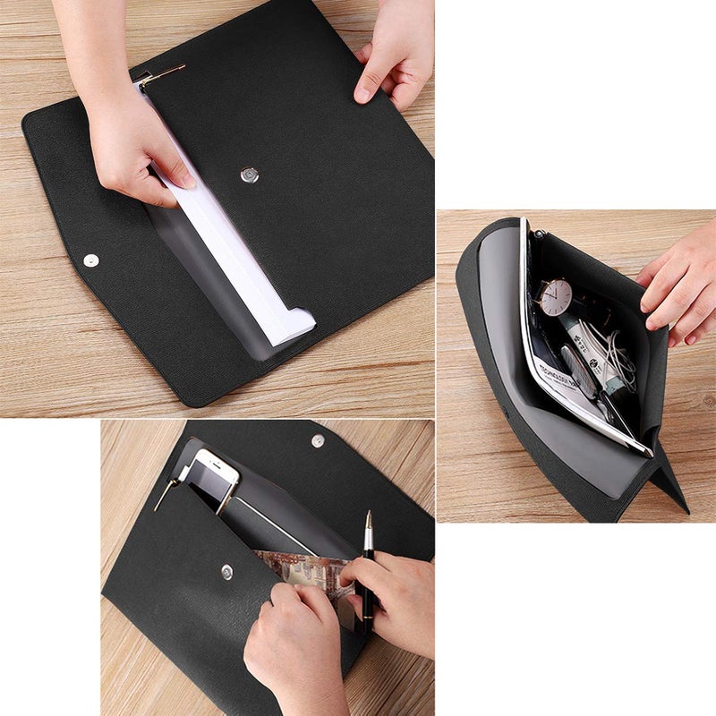Enyuwlcm PU Leather A4 File Folder Document Holder Waterproof Portfolio Envelope Folder Case with Snap Closure Black - Image 5