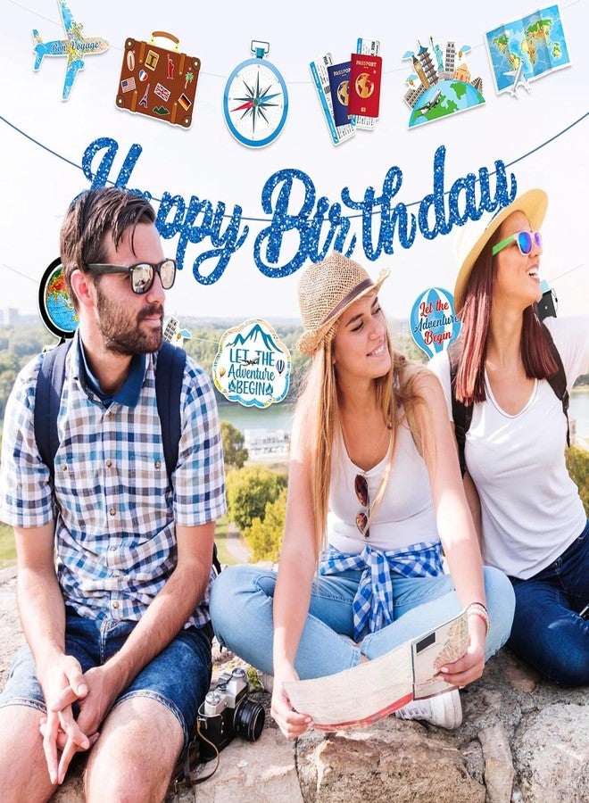 BHNACIER Travel Birthday Party Banners Adventure Awaits Party Decorations Travel Happy Birthday Banner Glitter Travels Adventure Awaits Birthdays Banners Let The Adventure Begin Party Banner for Around the World Travel Party Supplies,Pre-Assembled - Image 5