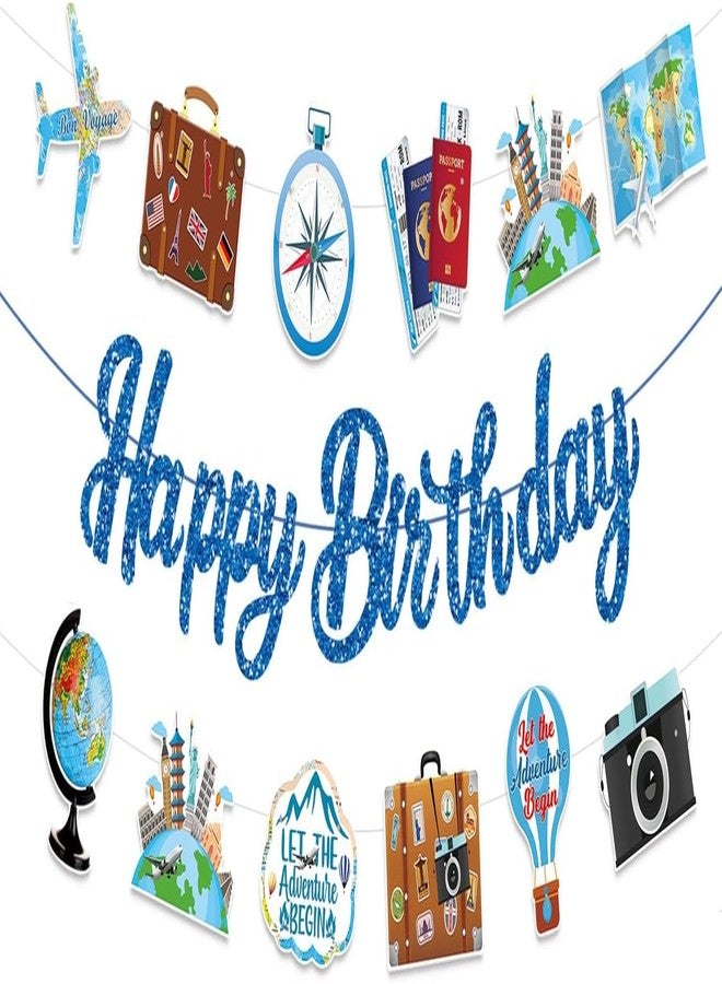 BHNACIER Travel Birthday Party Banners Adventure Awaits Party Decorations Travel Happy Birthday Banner Glitter Travels Adventure Awaits Birthdays Banners Let The Adventure Begin Party Banner for Around the World Travel Party Supplies,Pre-Assembled - Image 1