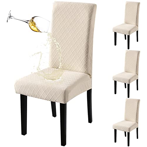 Fuloon Waterproof Dining Chair Covers Parsons Chair Slipcover Super Fit Stretch Kitchen Chairs Slipcovers Removable Washable Chairs Seat Slipcover for Dining Room Kitchen Banquet 4 Pack Beige