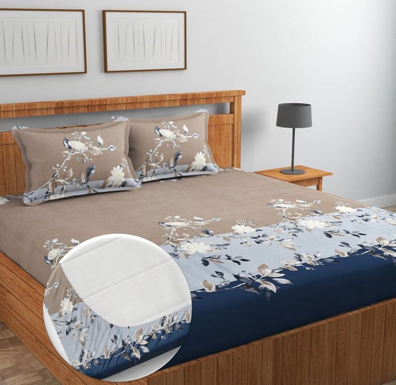 NEW LEAF Premium Cotton Elastic Fitted Bedsheets with 2 Pillow Covers Double Bed All Around Elastic Supersoft Breathable Wrinklfree Size - 76 x 72 +6 inches Grey White Blue 200 tc - 220 tc - Image 1