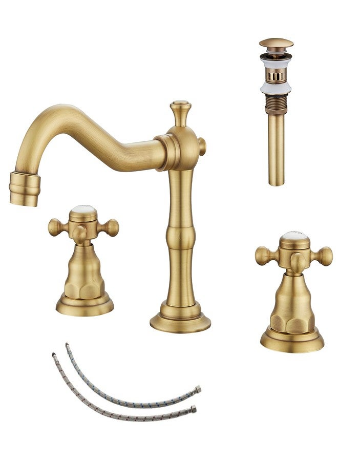 GGStudy 2 Handles 3 Holes Faucet Widespread Bathroom Sink Faucet Antique Brass Basin Tap Mixer Supply Hose Included Matching Metal Pop Up Drain - Image 1