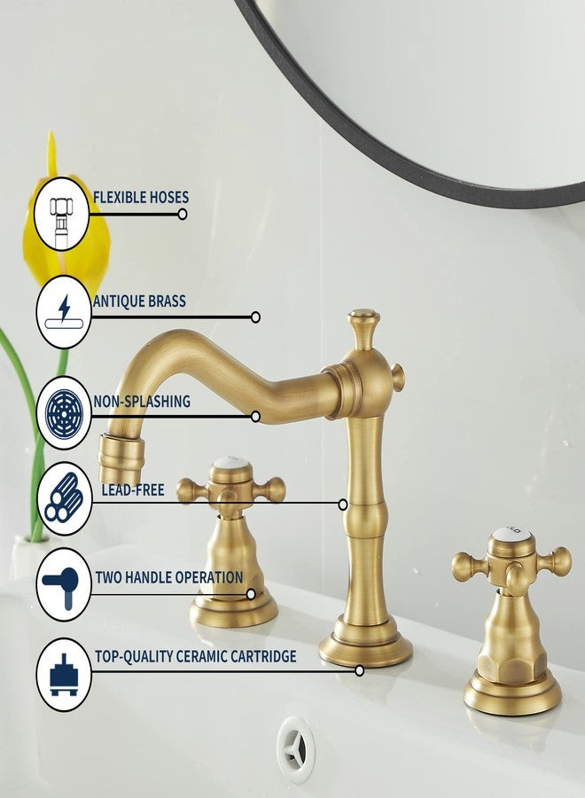 GGStudy 2 Handles 3 Holes Faucet Widespread Bathroom Sink Faucet Antique Brass Basin Tap Mixer Supply Hose Included Matching Metal Pop Up Drain - Image 5