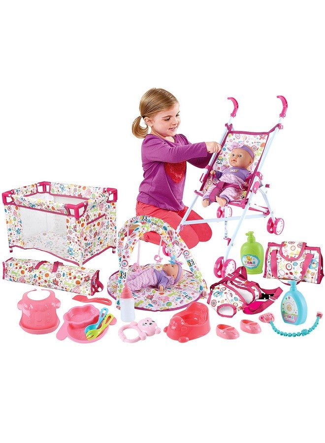 deAO Kids Baby Doll Stroller Nursery Role Play Set With A Variety Of Feeding Toy And Play Mat Travel Cot Baby Carrier Stroller And Travel Bag - Image 1