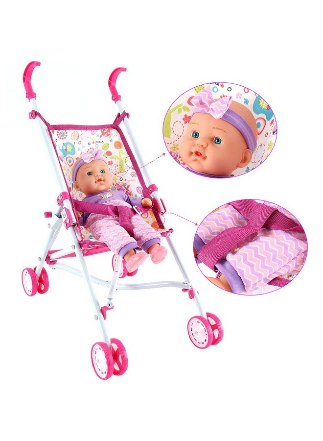 deAO Kids Baby Doll Stroller Nursery Role Play Set With A Variety Of Feeding Toy And Play Mat Travel Cot Baby Carrier Stroller And Travel Bag - Image 2