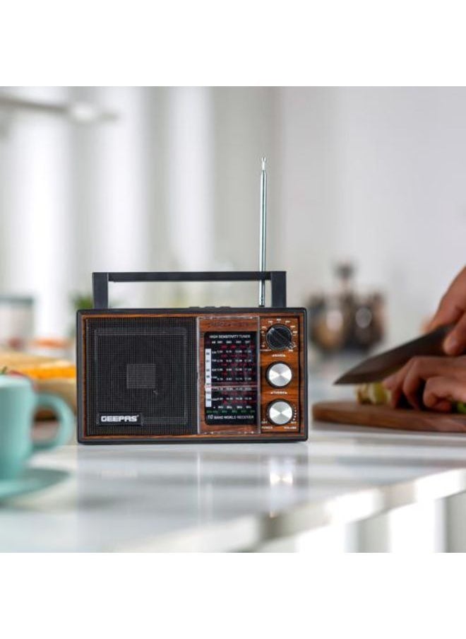 GEEPAS - 10 Band Rechargeable Radio with Bluetooth, FM/MP3/TF/USB Features, GR6842N, Brown/Black - Image 1