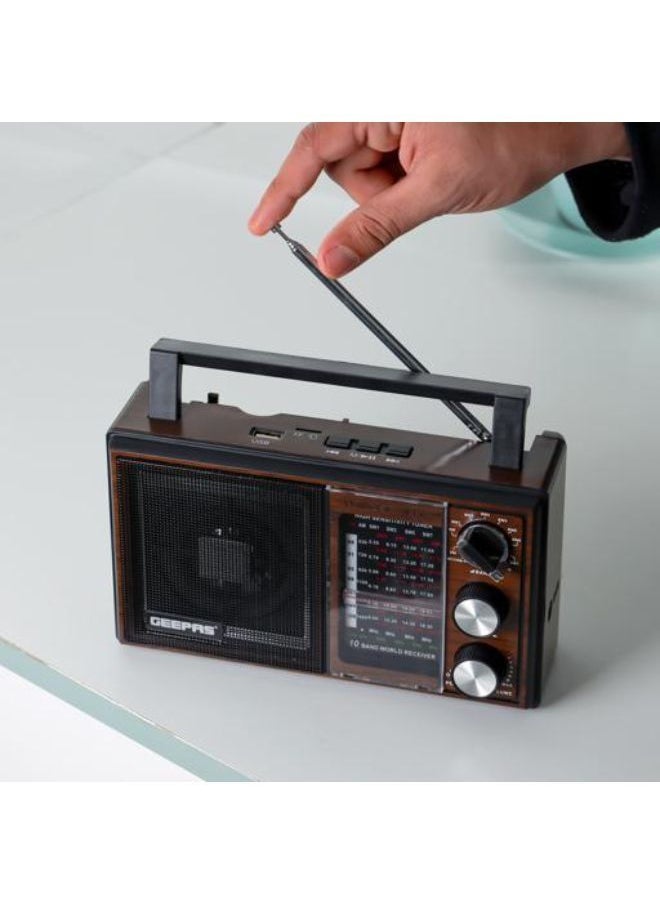 GEEPAS - 10 Band Rechargeable Radio with Bluetooth, FM/MP3/TF/USB Features, GR6842N, Brown/Black - Image 1