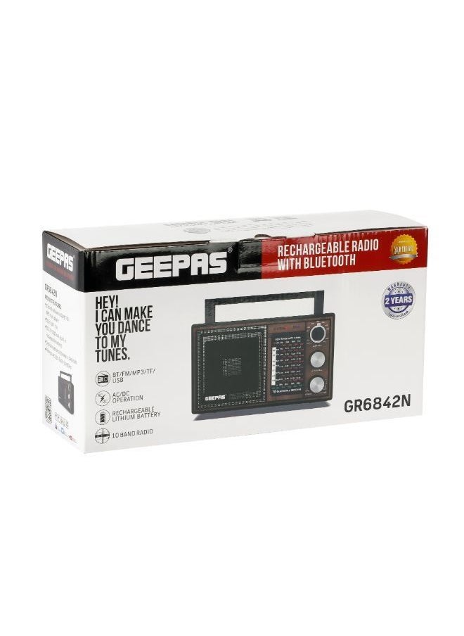 GEEPAS - 10 Band Rechargeable Radio with Bluetooth, FM/MP3/TF/USB Features, GR6842N, Brown/Black - Image 1