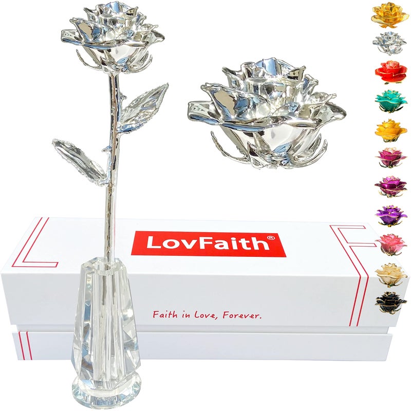 LovFaith LovFaith Valentine Gift Real Rose Dipped 24K Gold with Crystal Stand Best Anniversary Rose Gift for Her Wife Mother Birthday Christmas B2 Sterling Silver Blooming 