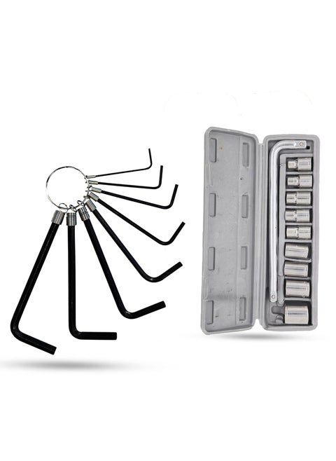 Hillgrove HGCM565M1 8 Pieces Full Hex Allen Key Kit with 10in1 Socket Set Spanner Goti Wrench L Shape Repair Tool Set for BikeBicycleCycleGuitar Allen Key Set