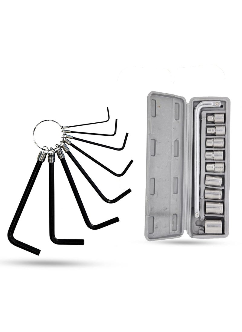 Hillgrove Hillgrove HGCM565M1 8 Pieces Full Hex Allen Key Kit with 10in1 Socket Set Spanner Goti Wrench L Shape Repair Tool Set for BikeBicycleCycleGuitar Allen Key Set  - Image 1
