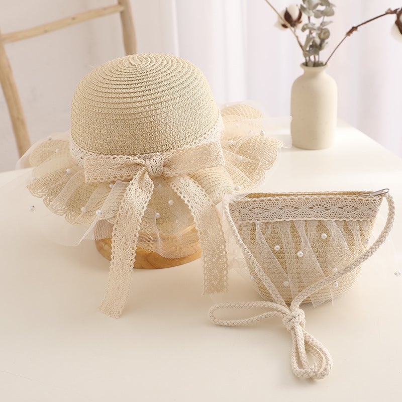 23 Baby Girls Sunshade Hat Summer Thin Girls Sunscreen Hat Sun Hat Beach Princess Childrens Straw HatD-576 Pearl Beige D-576 Pearl Beige 
