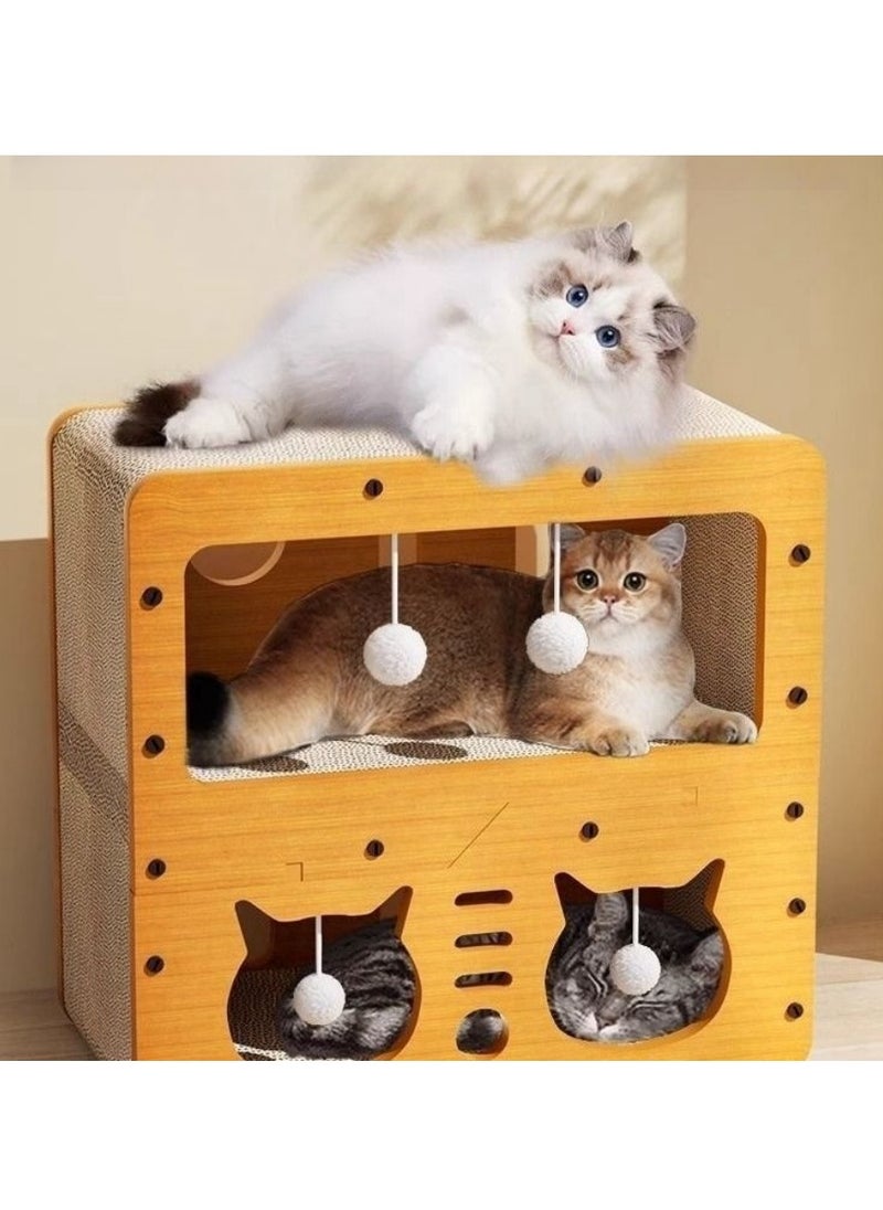 Cat scratching board, cat toy, double-layer, scratch-resistant and crumb-free, large space cat bed with plush cat ball, 32 screws fixed, stable and durable, suitable for indoor cats and kittens under 12kg