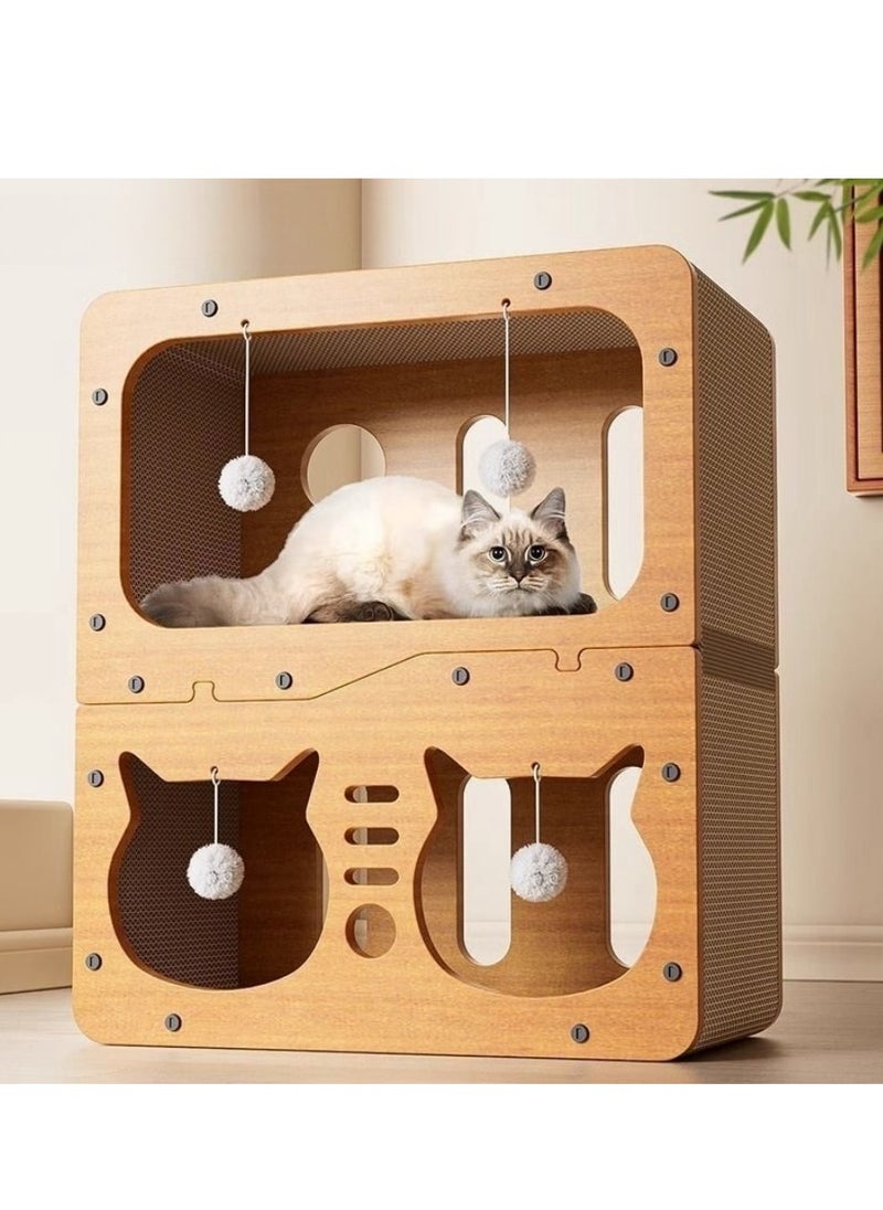 Cat scratching board, cat toy, double-layer, scratch-resistant and crumb-free, large space cat bed with plush cat ball, 32 screws fixed, stable and durable, suitable for indoor cats and kittens under 12kg
