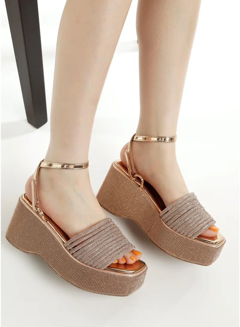 London Rag Rhinestone Embellished Lace-Up Sandals in Rose Gold