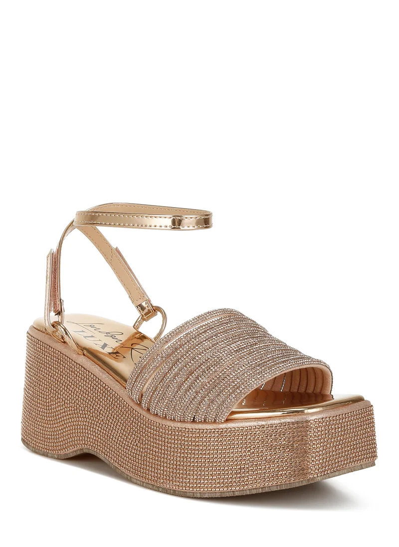 London Rag Rhinestone Embellished Lace-Up Sandals in Rose Gold