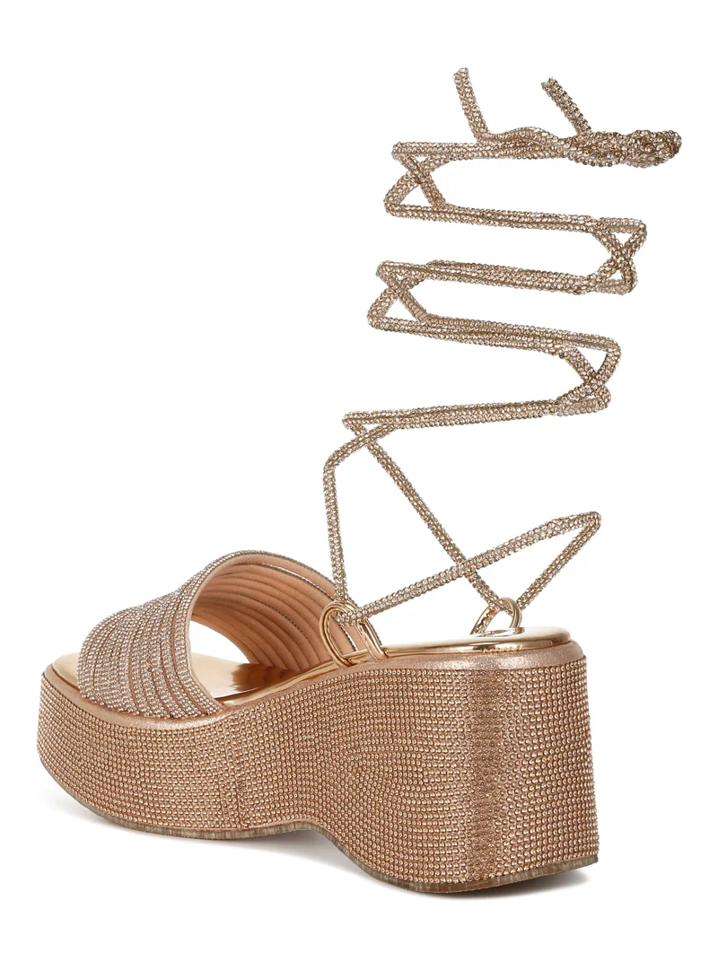 London Rag Rhinestone Embellished Lace-Up Sandals in Rose Gold