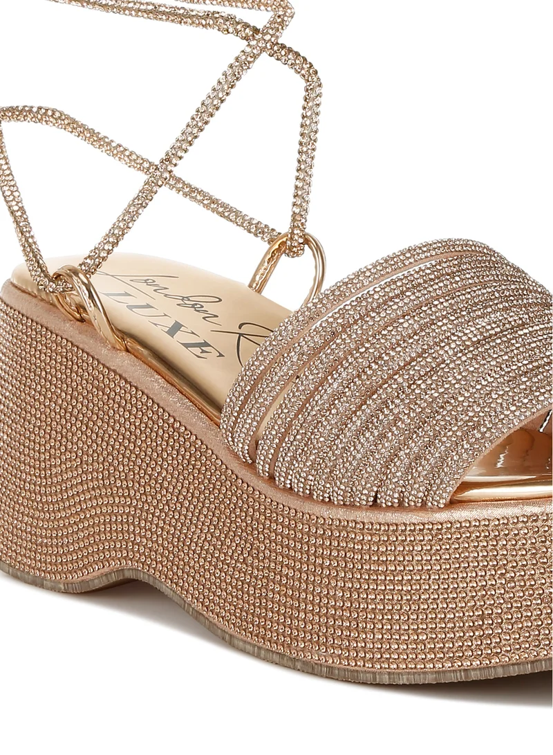 London Rag Rhinestone Embellished Lace-Up Sandals in Rose Gold