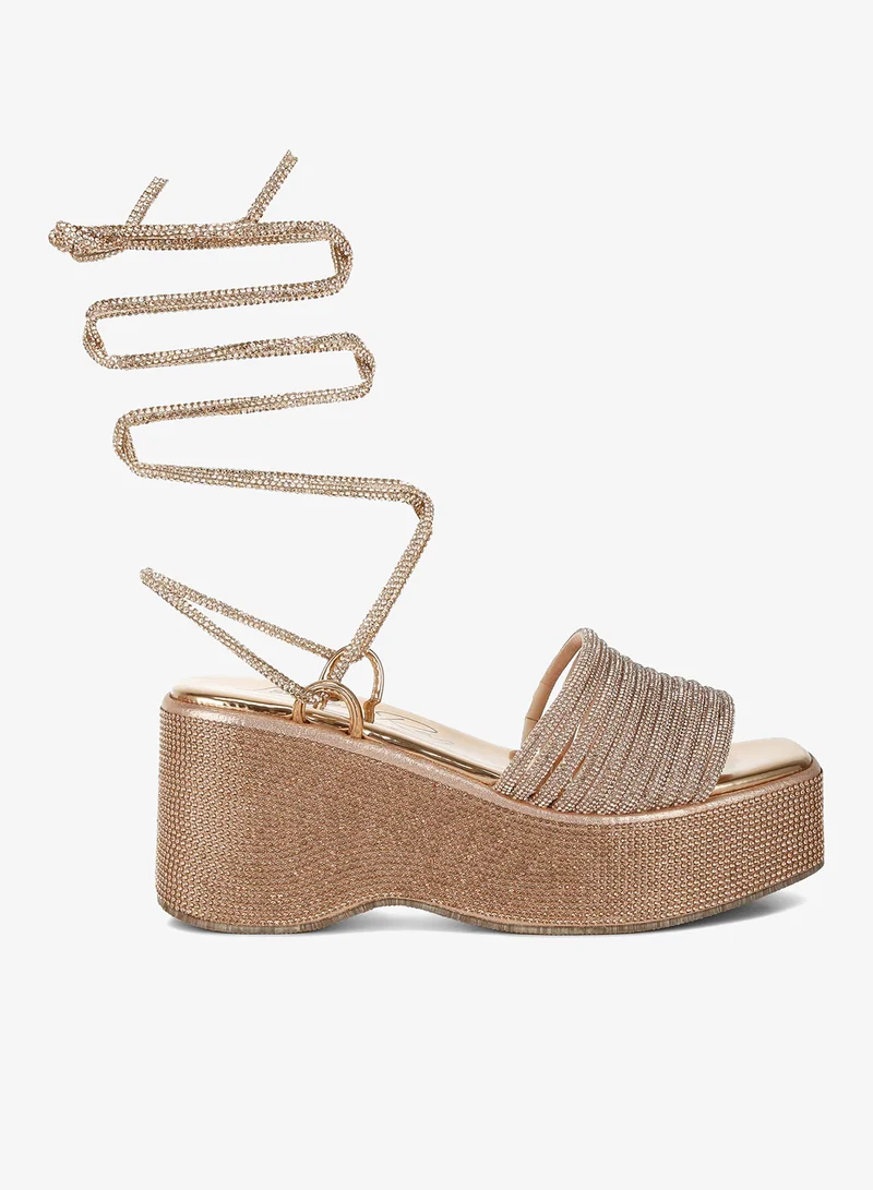 Rhinestone Embellished Lace-Up Sandals in Rose Gold