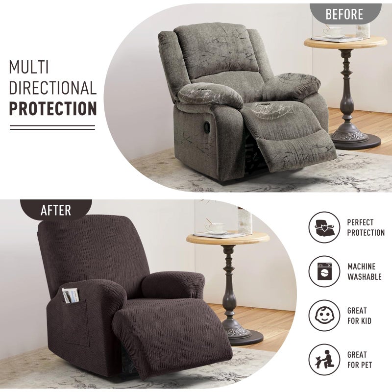 KinCam Recliner Covers, Stretch Reclining Chair Covers, Recliner Sofa Slipcovers Stripe Jacquard Recliner Couch Covers Furniture Protector Covers for Pet Kid (1 Seater, Chocolate) - Image 3