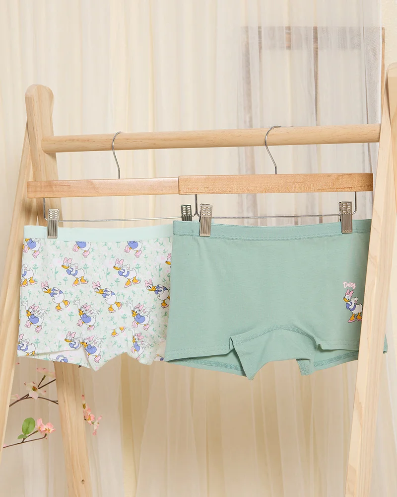 Redtag Senior Girls Green Daisy Duck Boxer Brief Set (Pack of 2)