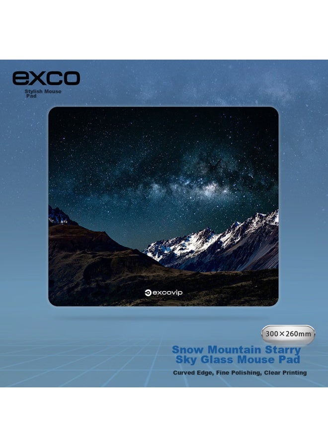 Exco Glass Mouse Pad, Professional Gaming Photovoltaic Mouse Pad, Hard Keyboard Desk Pad, Computer Office Laptop Large Pad 300*260mm, Snow Mountain Starry Sky 0161 - Image 1