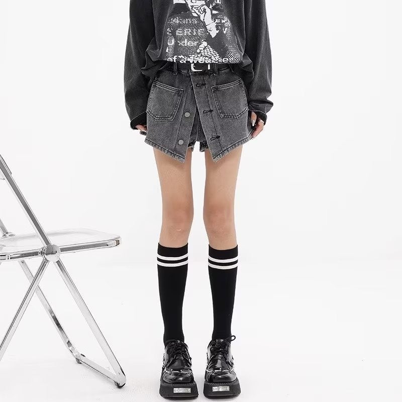 2024 American Ins Retro Old-Fashioned Fake Two-Piece Denim Skirt Women'S Design Girl Pants Skirt - Image 3