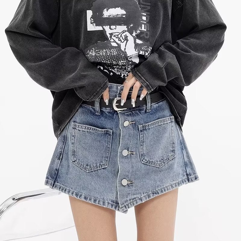 2024 American Ins Retro Old-Fashioned Fake Two-Piece Denim Skirt Women'S Design Girl Pants Skirt - Image 5